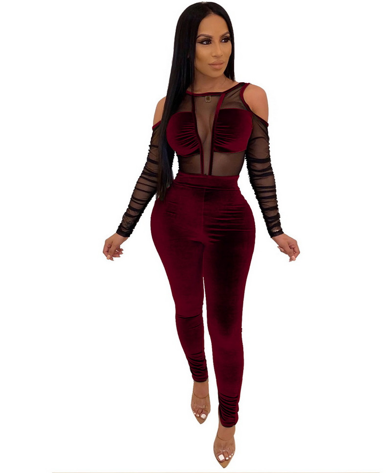 OKAYOASIS Seksualūs Moteriški kombinezonai O formos iškirpte ilgomis rankovėmis Bodycon Hollow Out laisvalaikio kombinezonas Velvet Autumn Party Kombinezonas