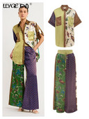 Dámske nohavice s krátkym rukávom a šnúrkou, voľným strihom a vysokým pásom, s potlačou a šnúrkou