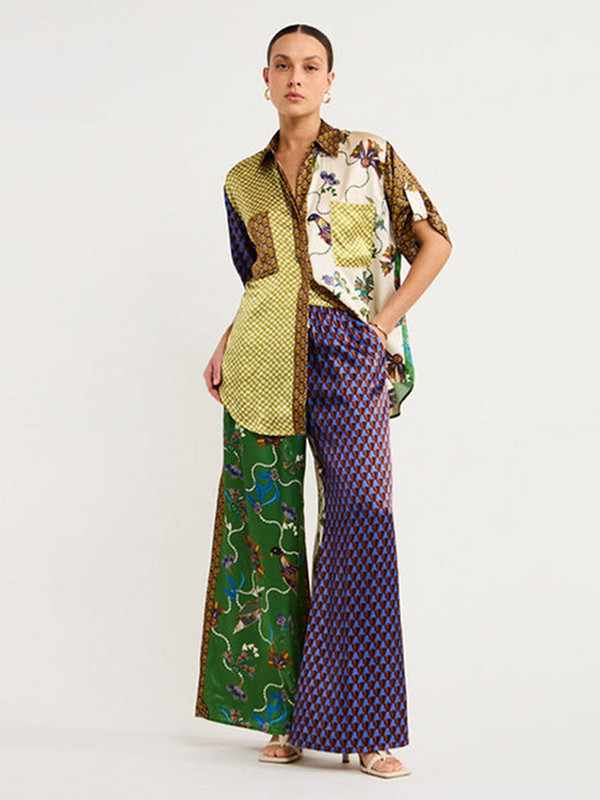 Dámske nohavice s krátkym rukávom a šnúrkou, voľným strihom a vysokým pásom, s potlačou a šnúrkou