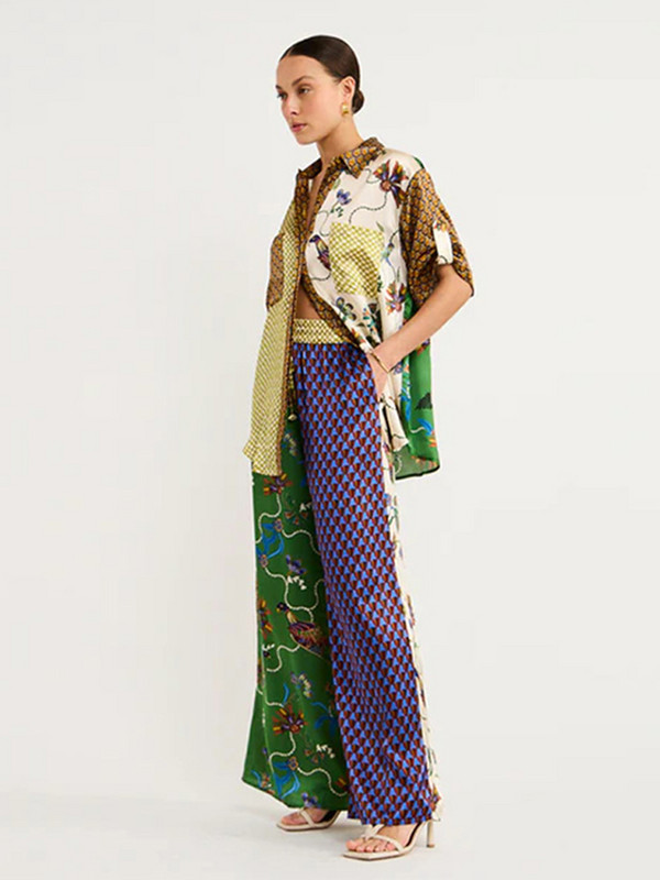 Dámske nohavice s krátkym rukávom a šnúrkou, voľným strihom a vysokým pásom, s potlačou a šnúrkou