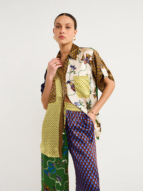 Dámske nohavice s krátkym rukávom a šnúrkou, voľným strihom a vysokým pásom, s potlačou a šnúrkou