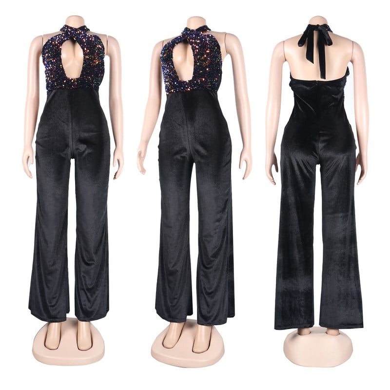 Plačios kojos blizgučių klubo kombinezonai Seksualūs moterų apynasriniai Elegantiški blizgučiais puošti vakarėlio kombinezonai