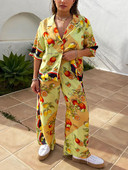 Costume de damă cu cămașă cu imprimeu cu fructe, bluze cu mânecă scurtă cu rever, top și pantaloni largi, ținute din in, set 2 buc, costum nou 2023