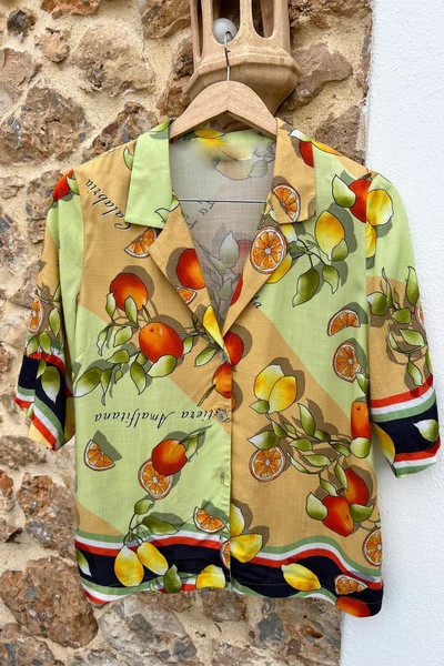 Costume de damă cu cămașă cu imprimeu cu fructe, bluze cu mânecă scurtă cu rever, top și pantaloni largi, ținute din in, set 2 buc, costum nou 2023
