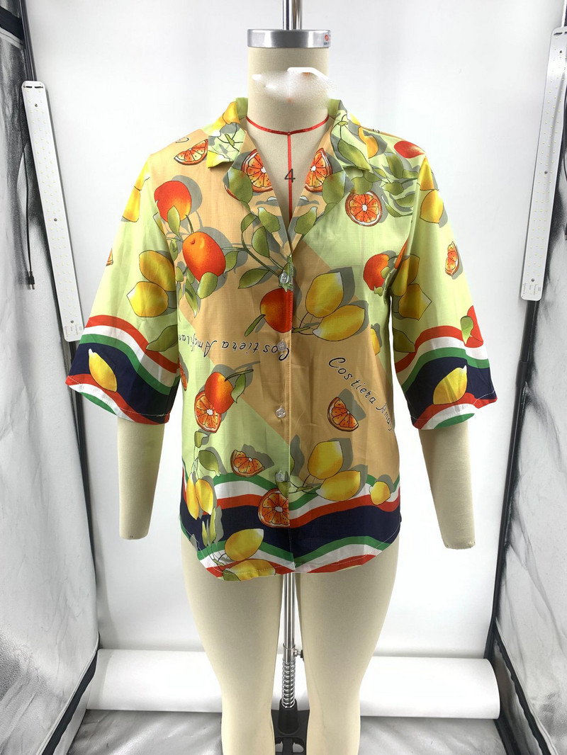 Dámske košeľové nohavicové kostýmy s potlačou ovocia, blúzky s krátkym rukávom a klopou, top a nohavice so širokými nohavicami, ľanové outfity, sada 2 ks, nový oblek 2023