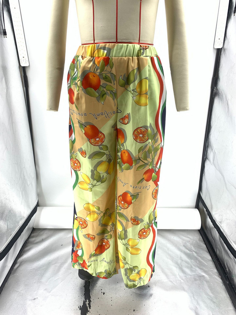 Dámske košeľové nohavicové kostýmy s potlačou ovocia, blúzky s krátkym rukávom a klopou, top a nohavice so širokými nohavicami, ľanové outfity, sada 2 ks, nový oblek 2023