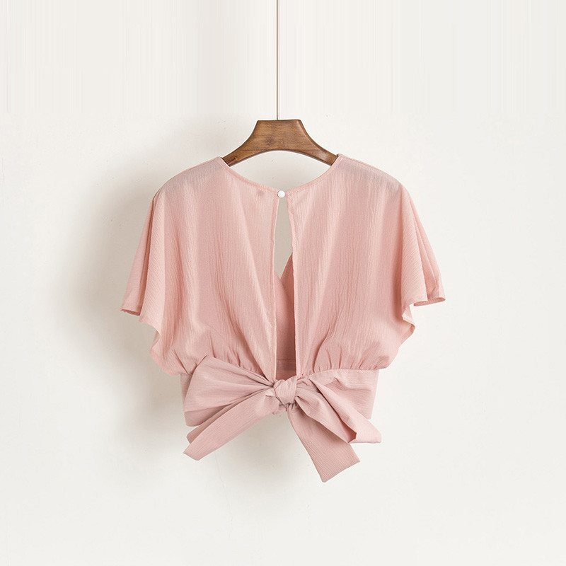 Nyári női V-nyakú, denevér ujjú, alap masnis ing Elegáns fűzős póló rövid, vékony, magas derekú, hát nélküli pulóveres blúz felsők