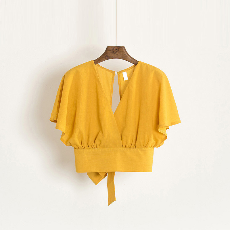 Nyári női V-nyakú, denevér ujjú, alap masnis ing Elegáns fűzős póló rövid, vékony, magas derekú, hát nélküli pulóveres blúz felsők