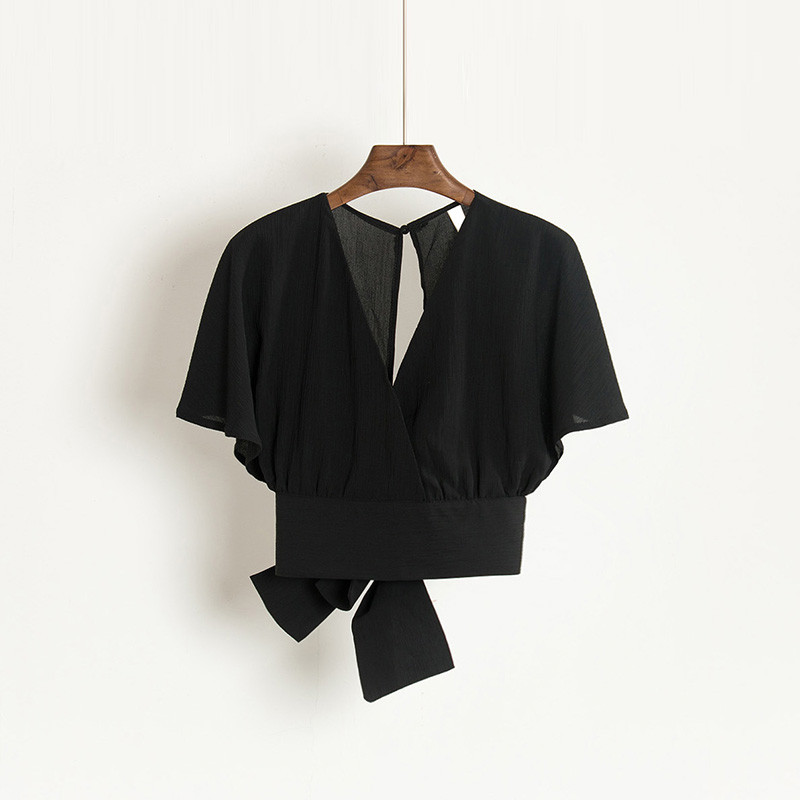 Nyári női V-nyakú, denevér ujjú, alap masnis ing Elegáns fűzős póló rövid, vékony, magas derekú, hát nélküli pulóveres blúz felsők