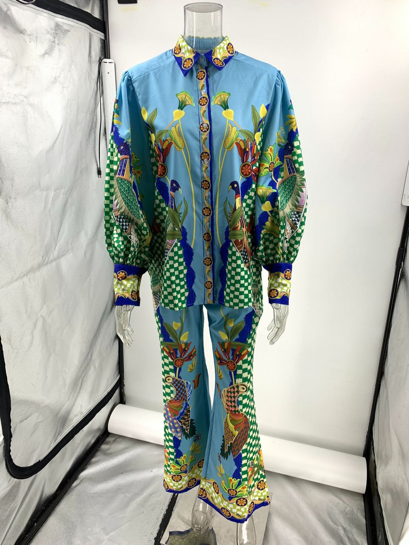 Nou în păsări Set două piese cu imprimeu flori pentru femei, cu mâneci lanternă, cămăși cu revere, pantaloni evazați cu talie înaltă, costum pentru ținute pentru femei