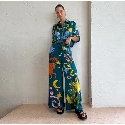 Set de pantaloni largi cu imprimeu pentru dama, la moda, cu un singur piept, guler răsturnat, cămăși cu mâneci scurte, costum de damă, pantaloni lați, ținută