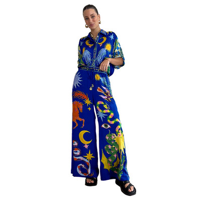 Set de pantaloni largi cu imprimeu pentru dama, la moda, cu un singur piept, guler răsturnat, cămăși cu mâneci scurte, costum de damă, pantaloni lați, ținută