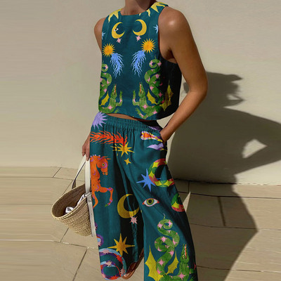 Set de pantaloni largi cu imprimeu pentru dama, la moda, cu un singur piept, guler răsturnat, cămăși cu mâneci scurte, costum de damă, pantaloni lați, ținută