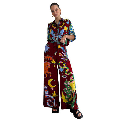 Set de pantaloni largi cu imprimeu pentru dama, la moda, cu un singur piept, guler răsturnat, cămăși cu mâneci scurte, costum de damă, pantaloni lați, ținută
