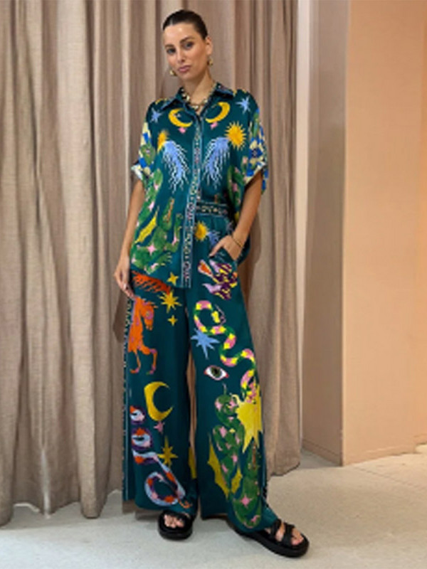 Ženski komplet širokih hlača s printom, modni ovratnik s jednim kopčanjem, kratki rukavi, košulje, odijelo, ženske hlače širokih nogavica