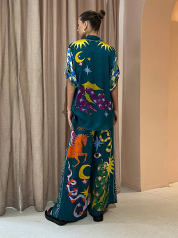 Ženski komplet širokih hlača s printom, modni ovratnik s jednim kopčanjem, kratki rukavi, košulje, odijelo, ženske hlače širokih nogavica