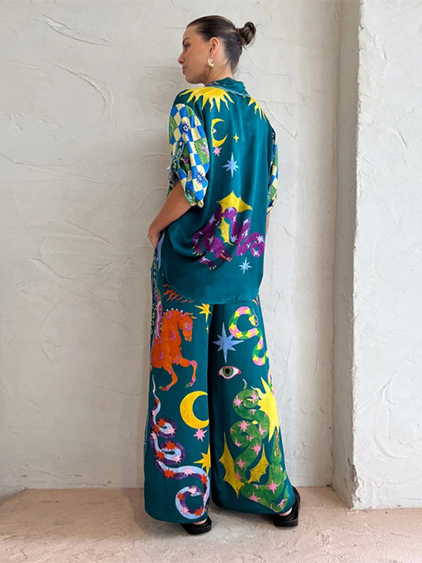 Ženski komplet širokih hlača s printom, modni ovratnik s jednim kopčanjem, kratki rukavi, košulje, odijelo, ženske hlače širokih nogavica