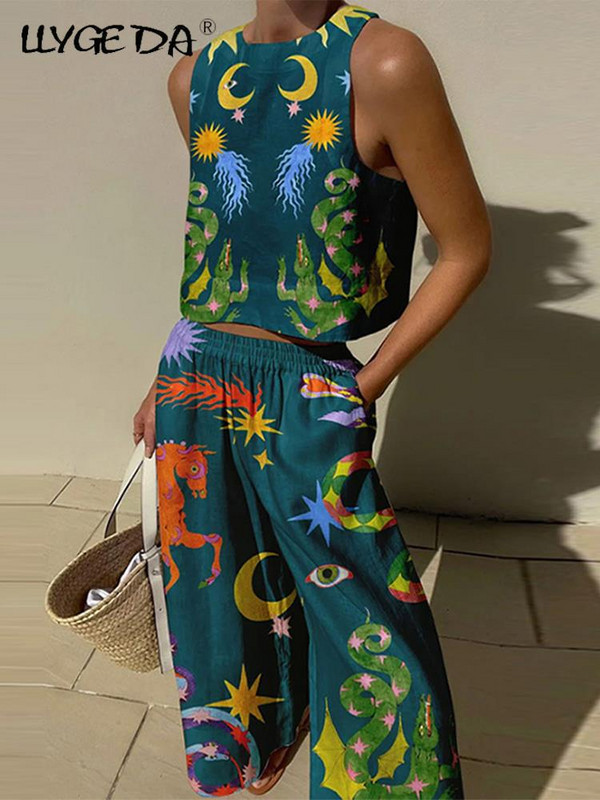 Ženski komplet širokih hlača s printom, modni ovratnik s jednim kopčanjem, kratki rukavi, košulje, odijelo, ženske hlače širokih nogavica