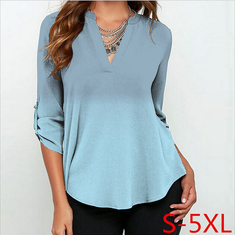 Jesenske ženske šifonske bluze 3/4 rukava Ženske košulje s V izrezom Ležerne bluze s gradijentnim printom Feminina Camisas Blusas Velike veličine