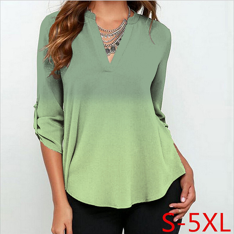 Jesenske ženske šifonske bluze 3/4 rukava Ženske košulje s V izrezom Ležerne bluze s gradijentnim printom Feminina Camisas Blusas Velike veličine