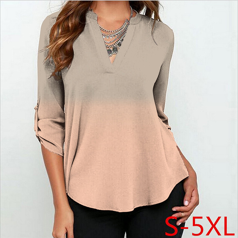 Jesenske ženske šifonske bluze 3/4 rukava Ženske košulje s V izrezom Ležerne bluze s gradijentnim printom Feminina Camisas Blusas Velike veličine