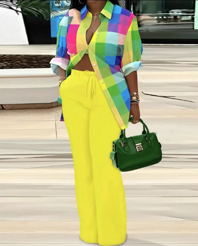 Őszi divatnyomtatás, kétrészes női szett, laza gombos hosszú ujjú ing, széles szárú nadrág, kétrészes női szett