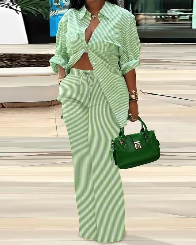 Őszi divatnyomtatás, kétrészes női szett, laza gombos hosszú ujjú ing, széles szárú nadrág, kétrészes női szett