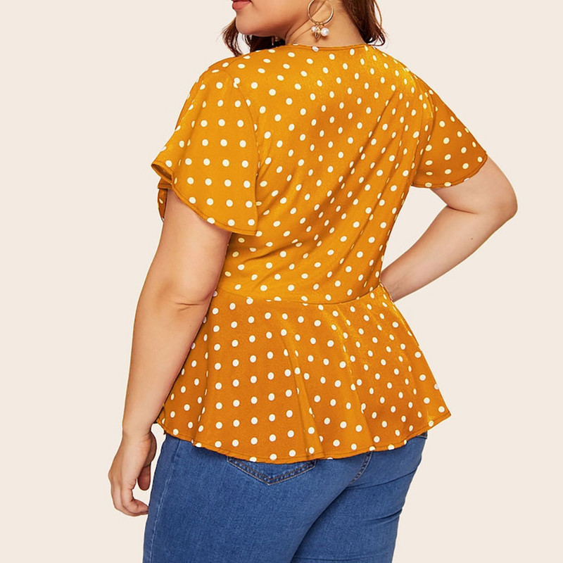 Moteriški didelio dydžio palaidinė V kaklo trumpomis rankovėmis taškuoti marškinėliai su viršutiniu mazgu priekyje vasaros vintažiniai peplum marškinėliai Blusas Mujer #YJ