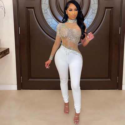 Salopete de club cu margele pentru femei sexy, cu decolteu O, din plasă subțire, salopete de petrecere transparente