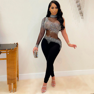 Salopete de club cu margele pentru femei sexy, cu decolteu O, din plasă subțire, salopete de petrecere transparente