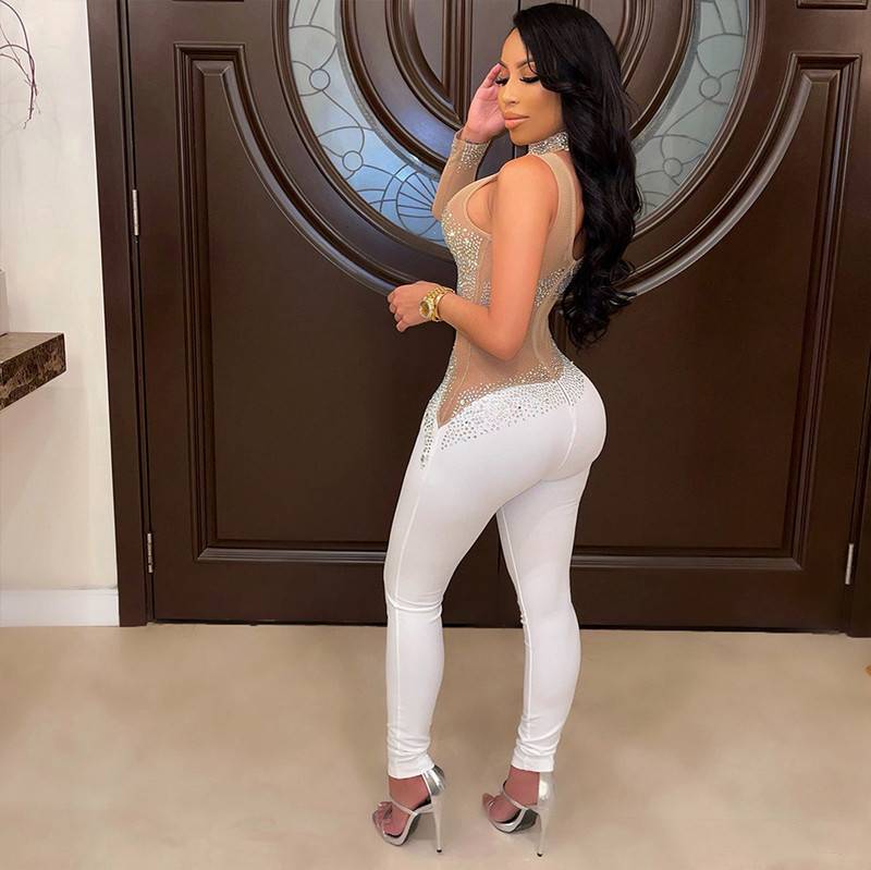 Salopete de club cu margele pentru femei sexy, cu decolteu O, din plasă subțire, salopete de petrecere transparente