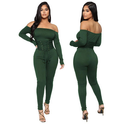 Skinny Solid Night Club Rompers Sexy Women Slash Kaelus Bodycon Lace Up Party Kombinesoon