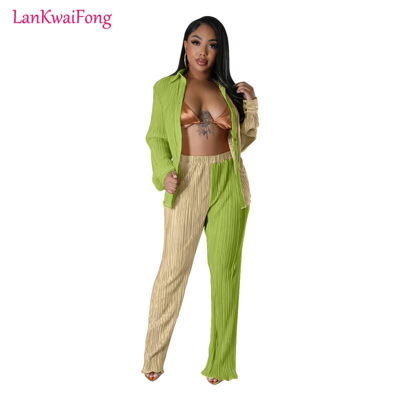 Dámska voľná súprava LKF, farebné plátené pruhované tričko s dlhým rukávom a elastickými rovnými nohavicami, 2-dielna súprava