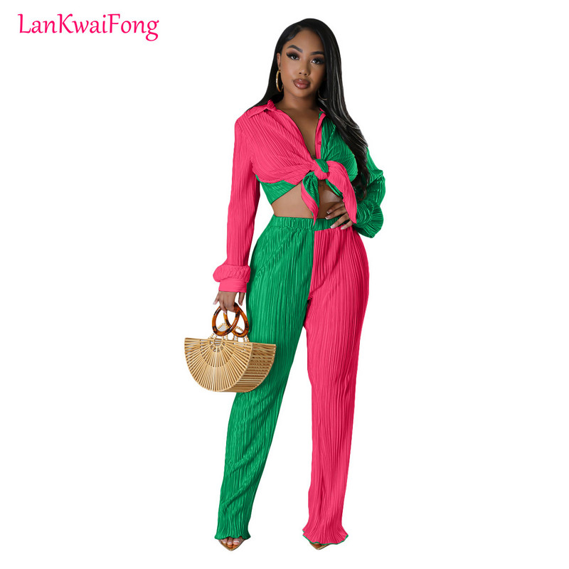 Dámska voľná súprava LKF, farebné plátené pruhované tričko s dlhým rukávom a elastickými rovnými nohavicami, 2-dielna súprava