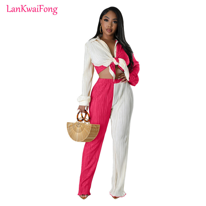 Dámska voľná súprava LKF, farebné plátené pruhované tričko s dlhým rukávom a elastickými rovnými nohavicami, 2-dielna súprava