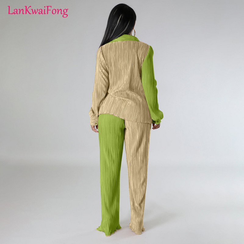 Dámska voľná súprava LKF, farebné plátené pruhované tričko s dlhým rukávom a elastickými rovnými nohavicami, 2-dielna súprava