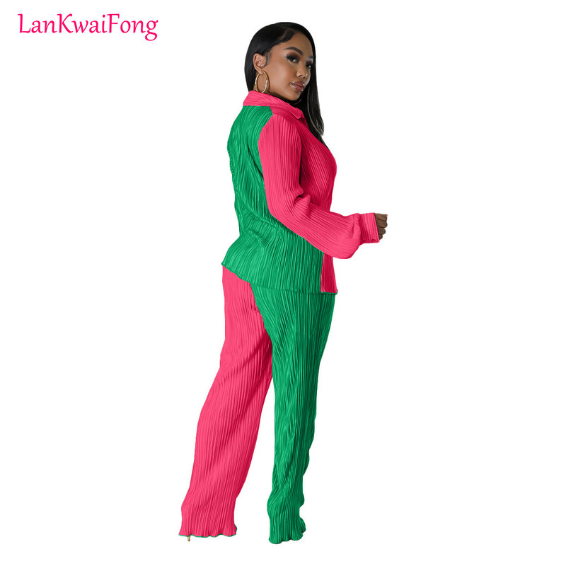 Dámska voľná súprava LKF, farebné plátené pruhované tričko s dlhým rukávom a elastickými rovnými nohavicami, 2-dielna súprava