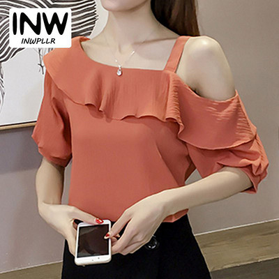 Top cu un umăr Bluză cu volane pentru femeie 2017 Cămăși de vară la modă Bluze din șifon Casual Bluze pentru femei Volantes