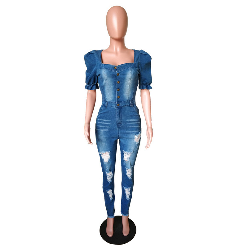Salopetă casual din denim ruptă, sexy, cu mâneci scurte, blugi bodycon, salopetă dreaptă
