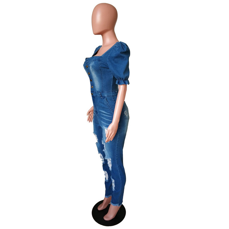 Salopetă casual din denim ruptă, sexy, cu mâneci scurte, blugi bodycon, salopetă dreaptă