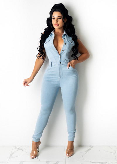 Blugi de vară Salopete sexy femei fără mâneci bodycon albastru denim creion salopetă
