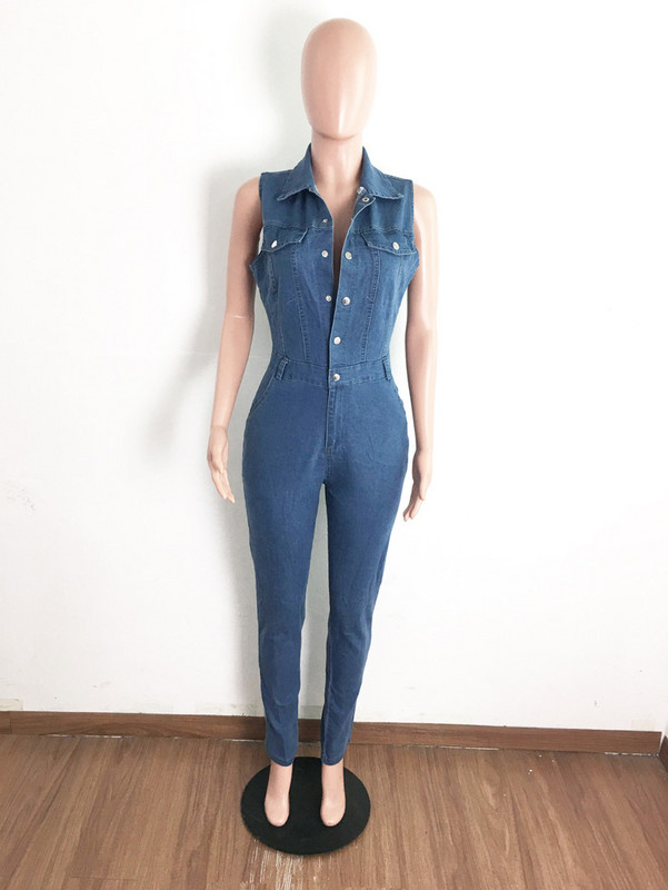 Blugi de vară Salopete sexy femei fără mâneci bodycon albastru denim creion salopetă