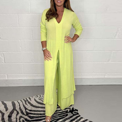 Módne ležérne dámske obleky s dlhým rukávom, dlhý top a široké nohavice, dvojdielne súpravy, jar/leto 2023, jednofarebné kancelárske outfity