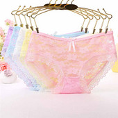 Chiloți de damă din dantelă sexy Chiloți drăguț cu fundă gol din plasă cu volan Chiloți de fete cu talie joasă Lenjerie de corp Chiloți de femei de culoare solidă