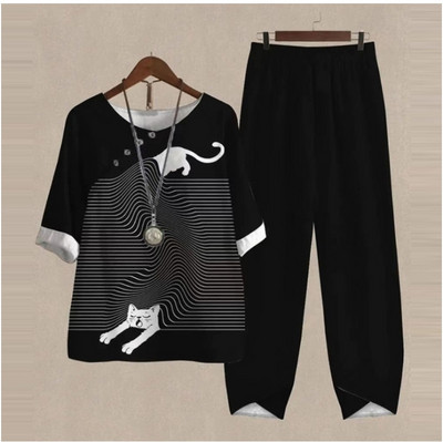 Καλοκαιρινό casual σετ δύο τεμαχίων Γυναικείο κομψό O λαιμό λουλούδι με στάμπα φαρδιά μπλουζάκι ψηλόμεσο φαρδύ παντελόνι κοστούμι Γυναικεία σύνολα