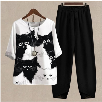 Καλοκαιρινό casual σετ δύο τεμαχίων Γυναικείο κομψό O λαιμό λουλούδι με στάμπα φαρδιά μπλουζάκι ψηλόμεσο φαρδύ παντελόνι κοστούμι Γυναικεία σύνολα