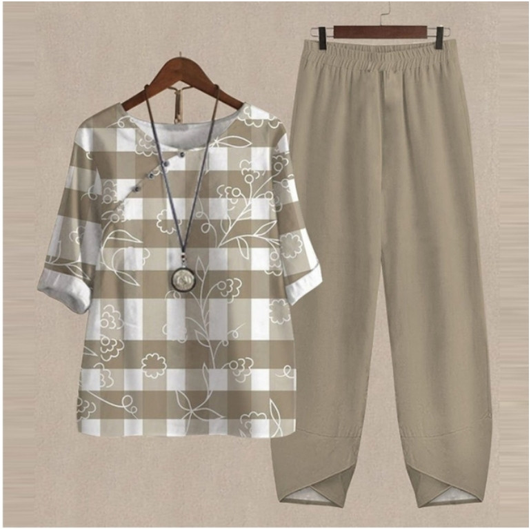 Καλοκαιρινό casual σετ δύο τεμαχίων Γυναικείο κομψό O λαιμό λουλούδι με στάμπα φαρδιά μπλουζάκι ψηλόμεσο φαρδύ παντελόνι κοστούμι Γυναικεία σύνολα