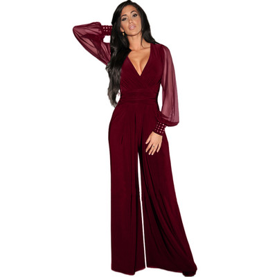 OKAYOASIS naujai seksualus moteriškas V formos kaklelis, ilgomis kniedėmis rankovėmis, elegantiškas vientisas plačios kojos laisvalaikio rudens kombinezonas, kombinezonas