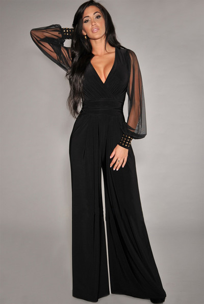 OKAYOASIS naujai seksualus moteriškas V formos kaklelis, ilgomis kniedėmis rankovėmis, elegantiškas vientisas plačios kojos laisvalaikio rudens kombinezonas, kombinezonas