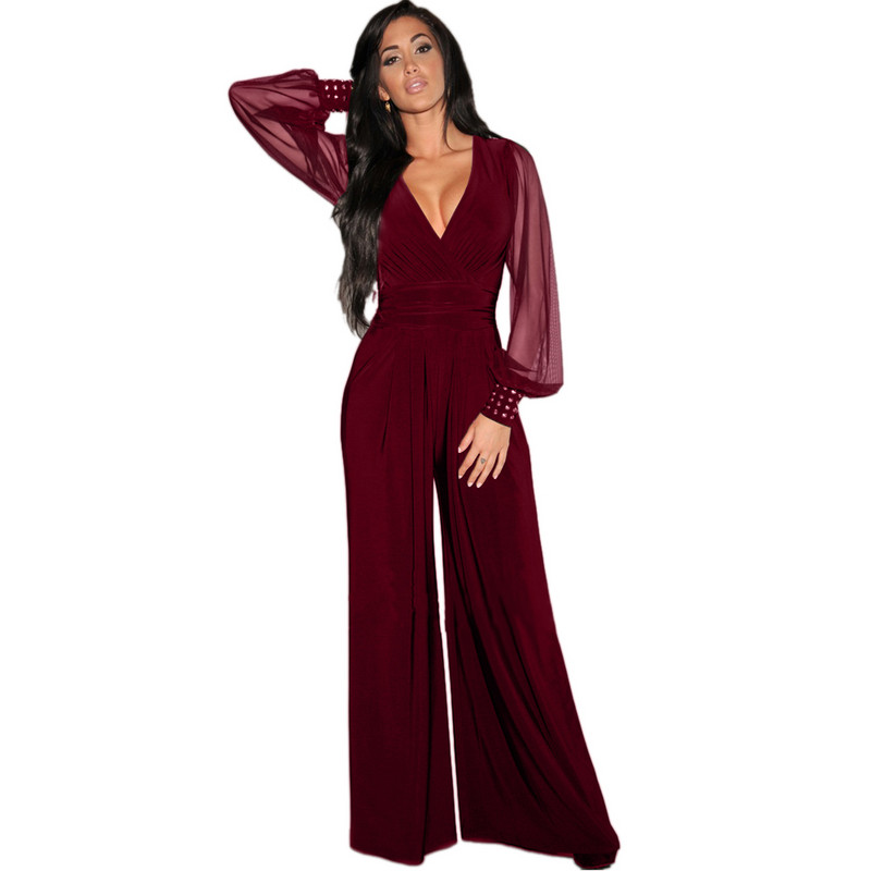 OKAYOASIS naujai seksualus moteriškas V formos kaklelis, ilgomis kniedėmis rankovėmis, elegantiškas vientisas plačios kojos laisvalaikio rudens kombinezonas, kombinezonas